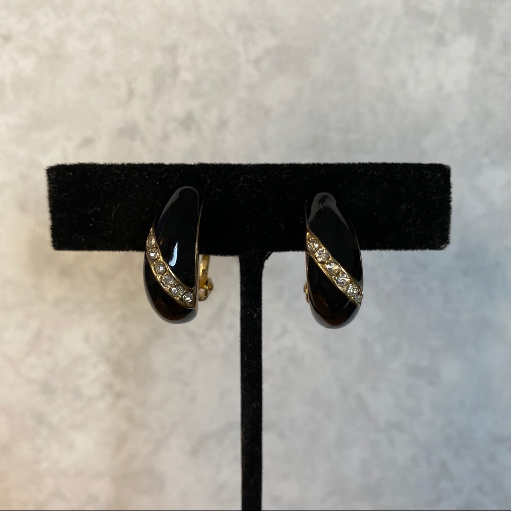 Vintage Black Enamel & Crystal Thin Hoop Clip Ons